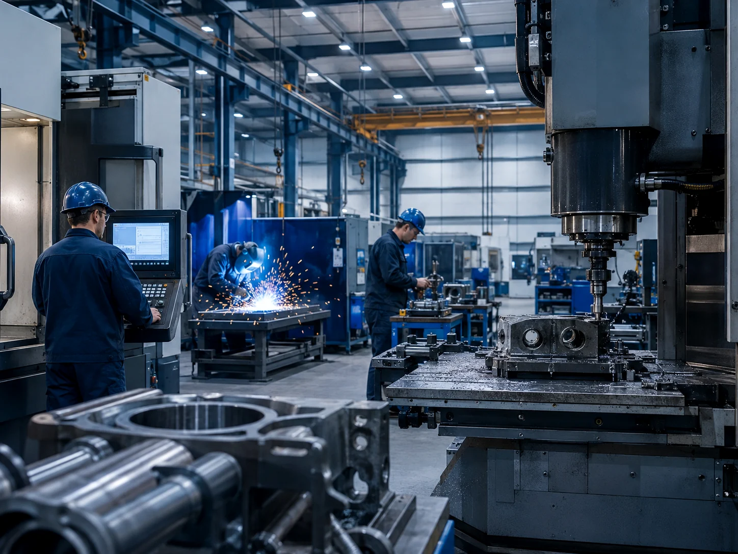Illustrative modern machining and fabrication workshop